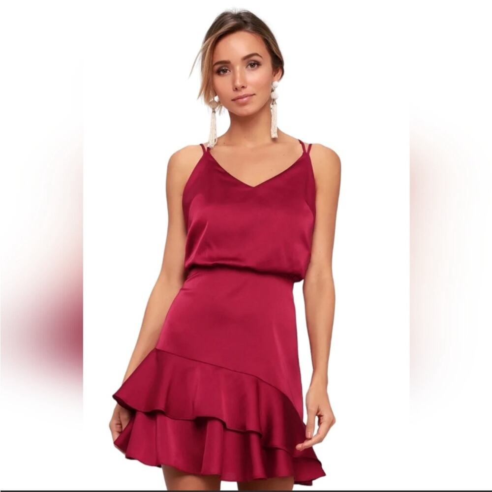 Lulu’s On The Floor Fuchsia Satin Sleeveless Ruffle Mini Dress Size S